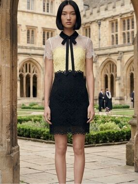 Sandro Black and Yellow Lace Midi Dress with Bow Collar